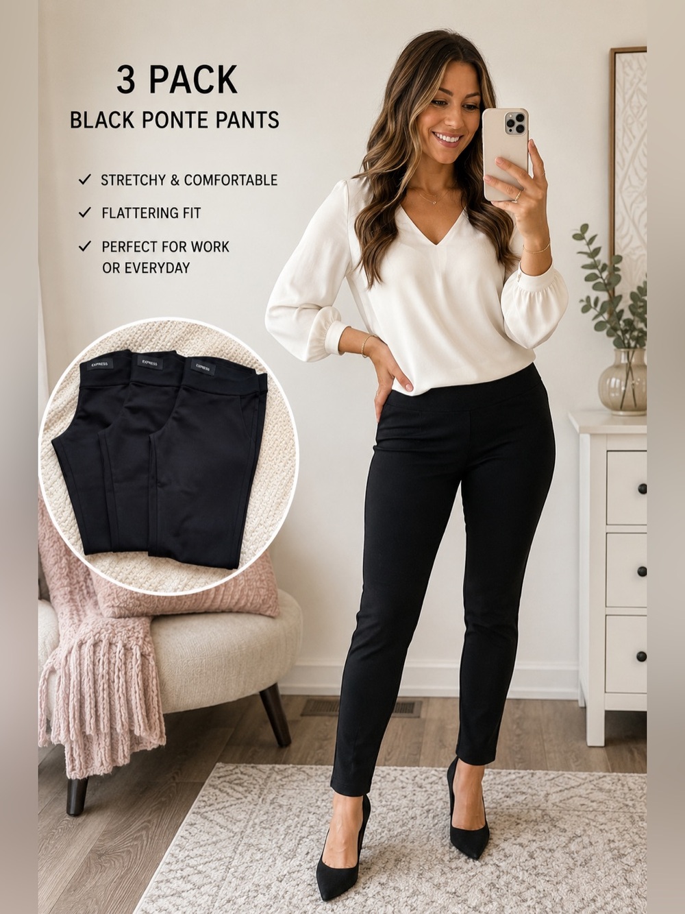 Express Women’s Black Ponte Knit Pants 3Pack Bundle Stretch Career Office Pants